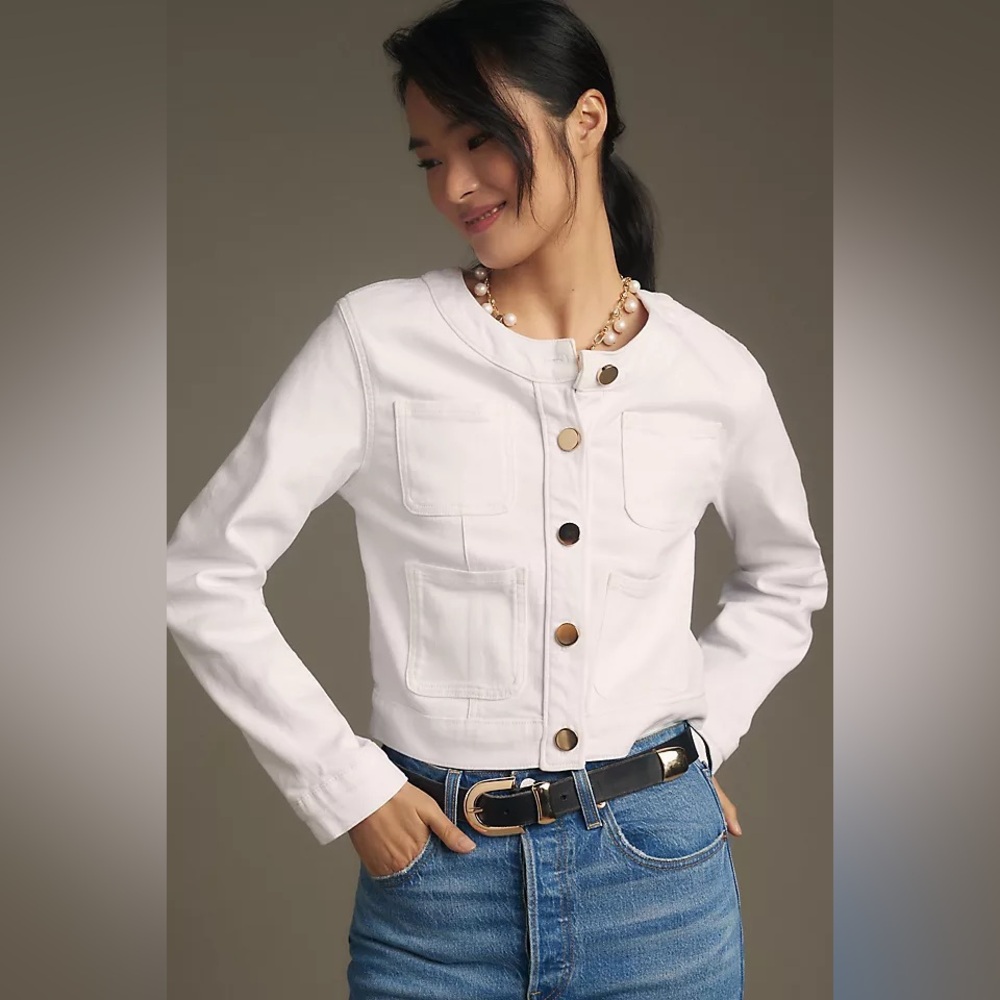 Anthropologie Maeve Coco patch pocket premium denim jacket in white 🤍